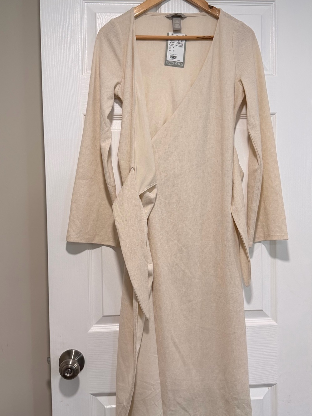 H&M Cream Long-Sleeve Wrap Midi Dress with Side Tie - Picture 2 of 4